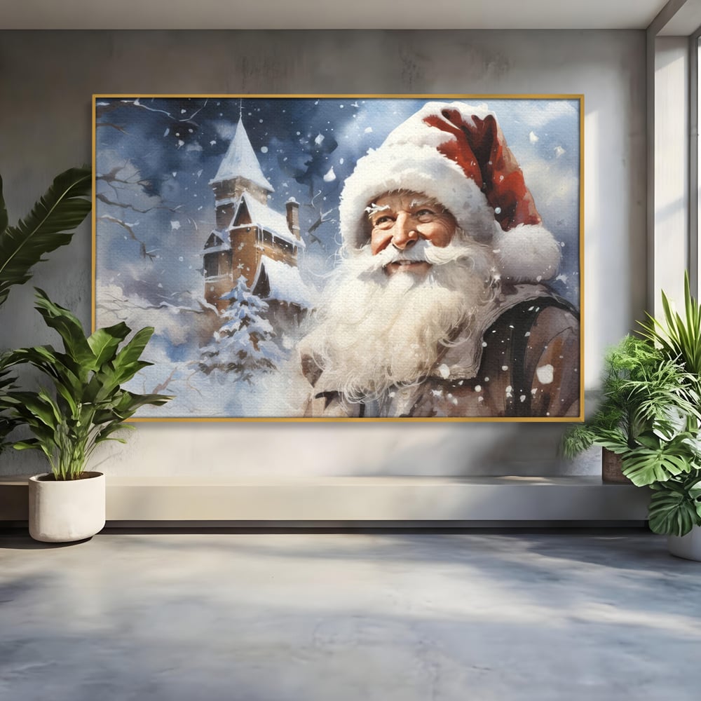 Tablou canvas cu tablou canvas cu mos craciun, in rama de aluminiu auriu